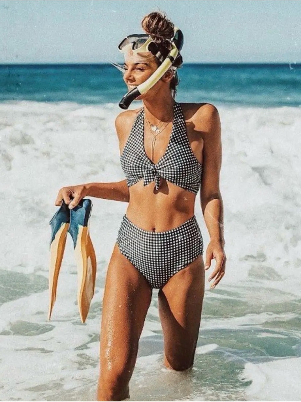 Albion Black Checkers Top Knot Bikini Top Gingham Halter Large